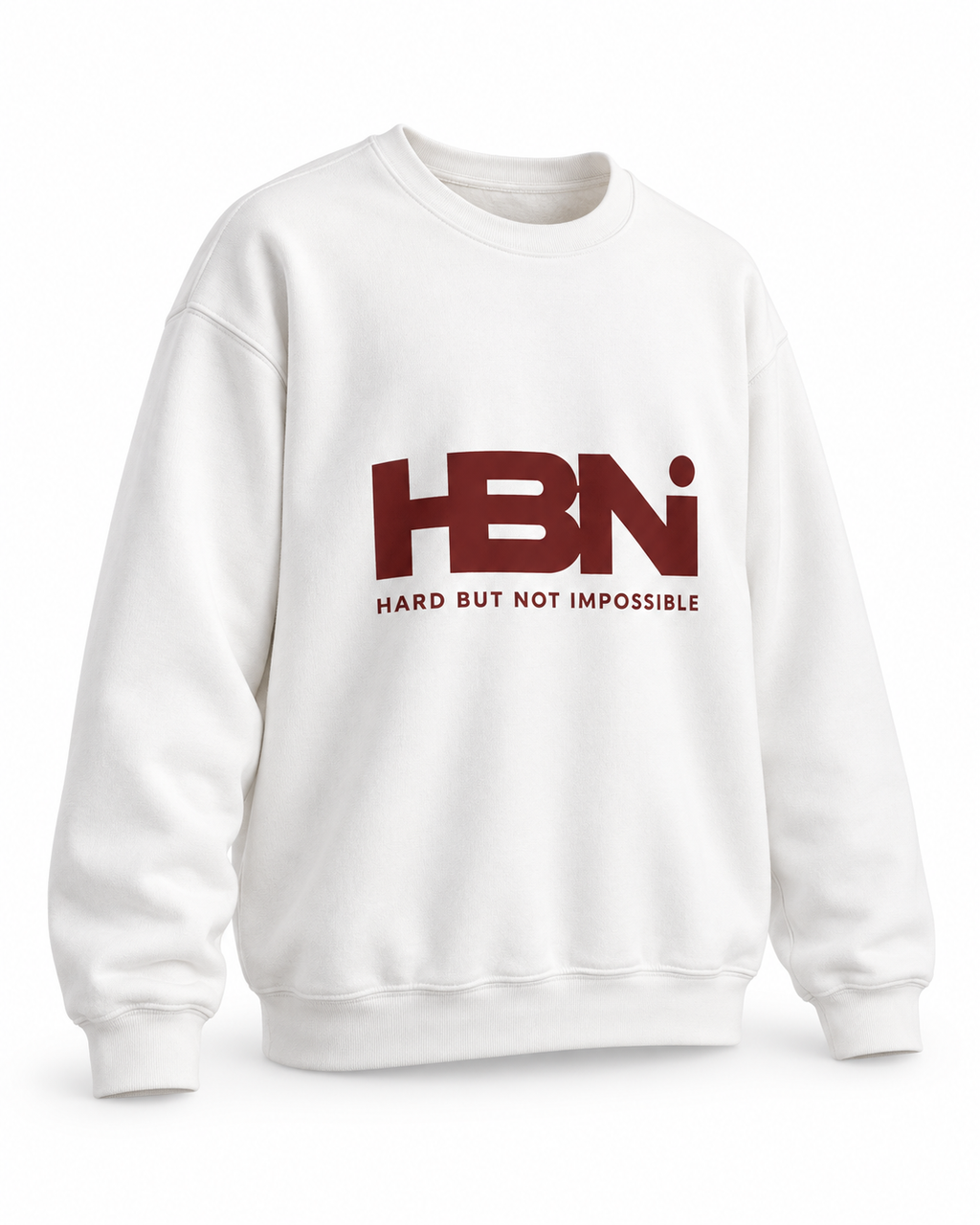 3D-style white HBNI Essential Crewneck Sweatshirt with maroon logo
