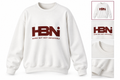 HBNI white crewneck gallery mockup with logo, neckline, cuff and hem details