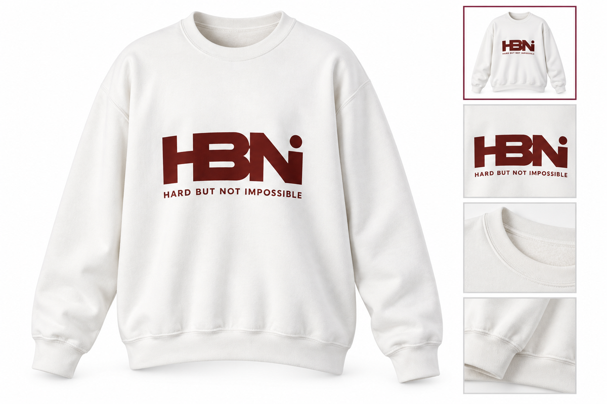 HBNI white crewneck gallery mockup with logo, neckline, cuff and hem details