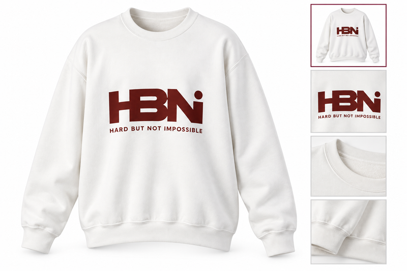 HBNI white crewneck gallery mockup with logo, neckline, cuff and hem details