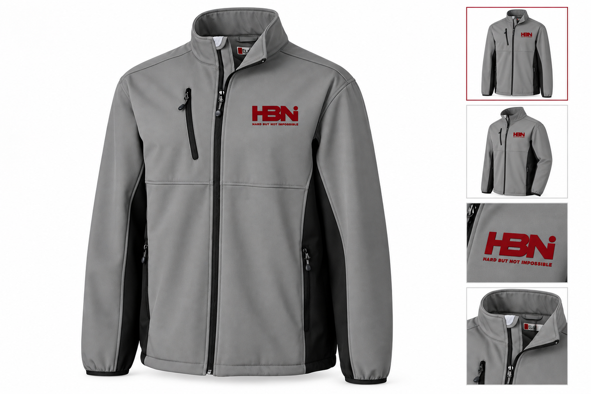 HBNI Men's Eco Stretch Softshell Jacket in Slate/Black, with alternate view and detail thumbnails