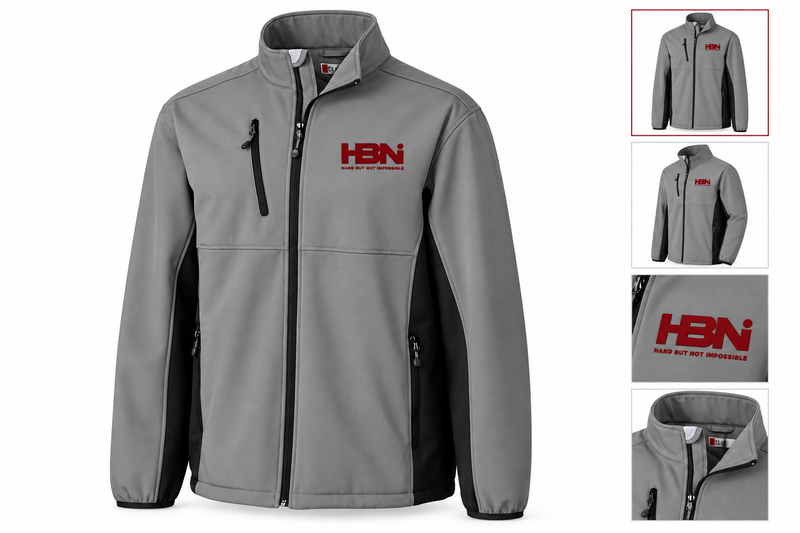 HBNI Men's Eco Stretch Softshell Jacket in Slate/Black, with alternate view and detail thumbnails
