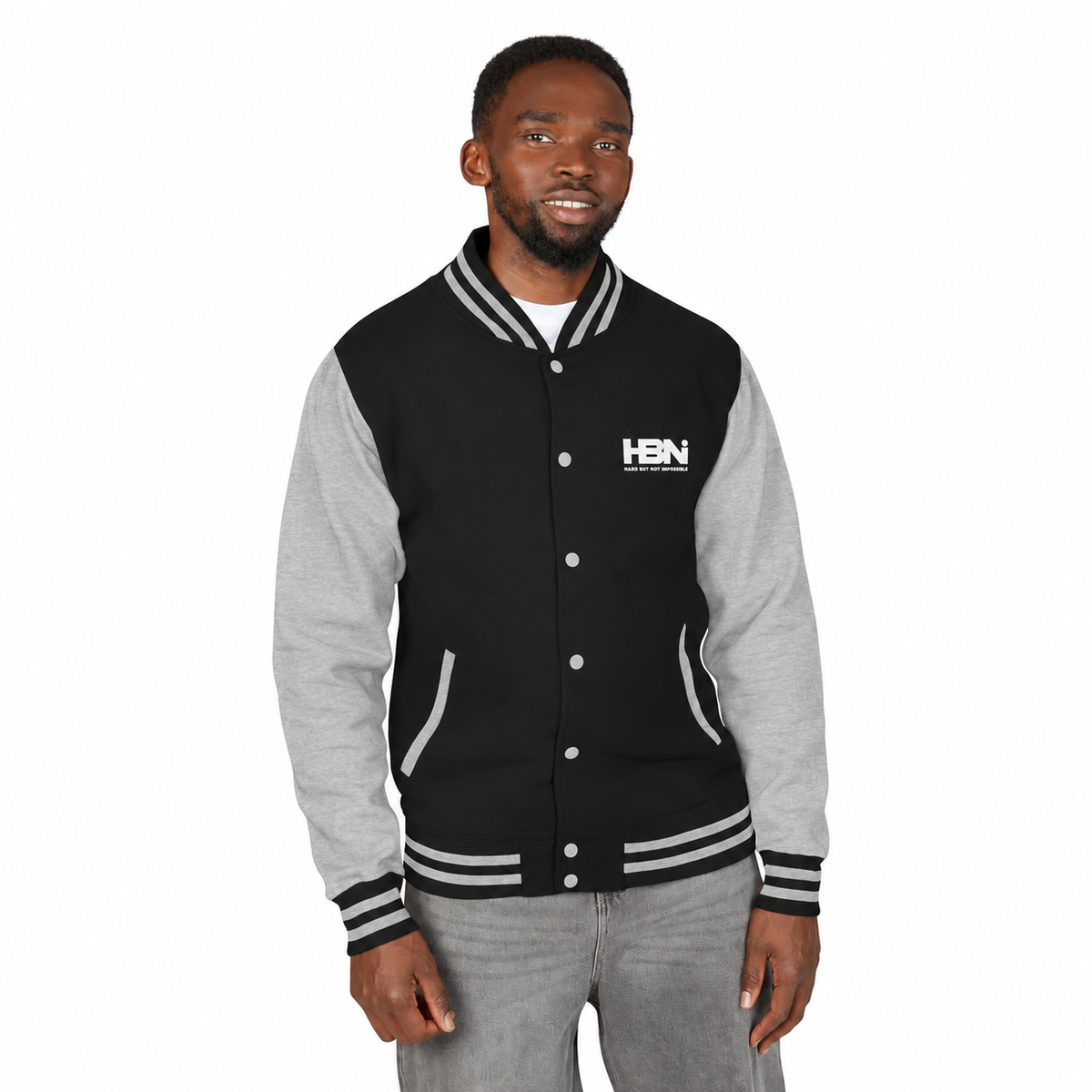 HBNI Heritage Letterman Jacket in Jet Black/Heather Grey worn by a model