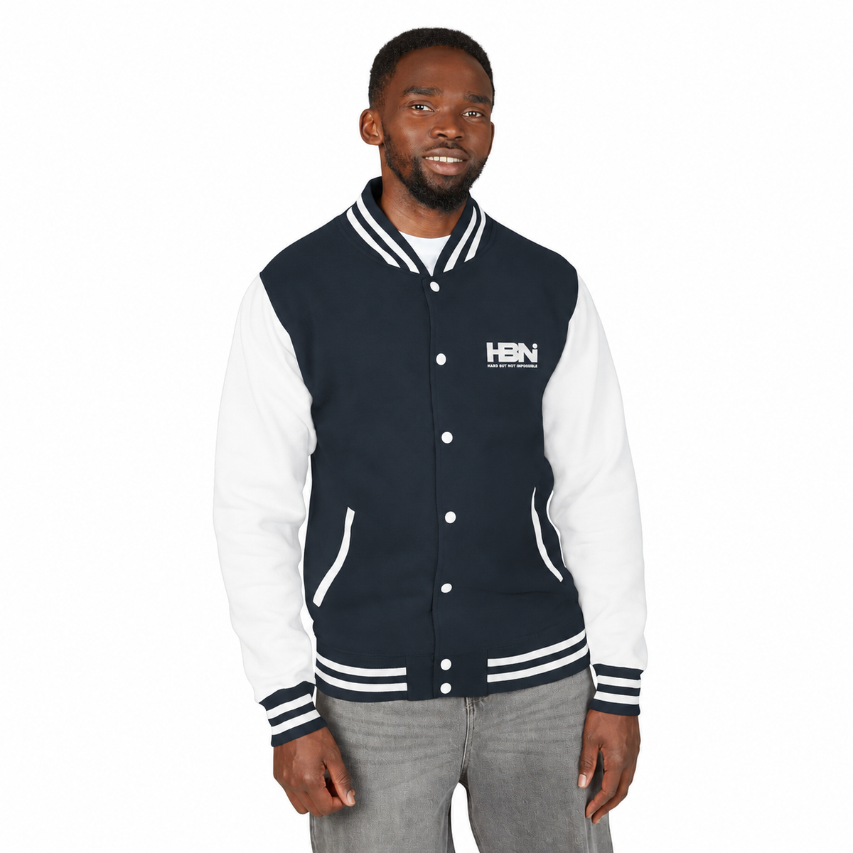 HBNI Heritage Letterman Jacket in Oxford Navy/Arctic White worn by a model