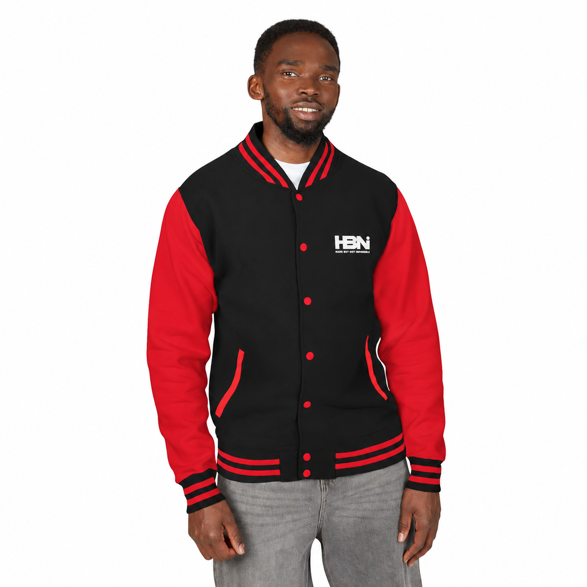 HBNI Heritage Letterman Jacket in Jet Black/Fire Red worn by a model