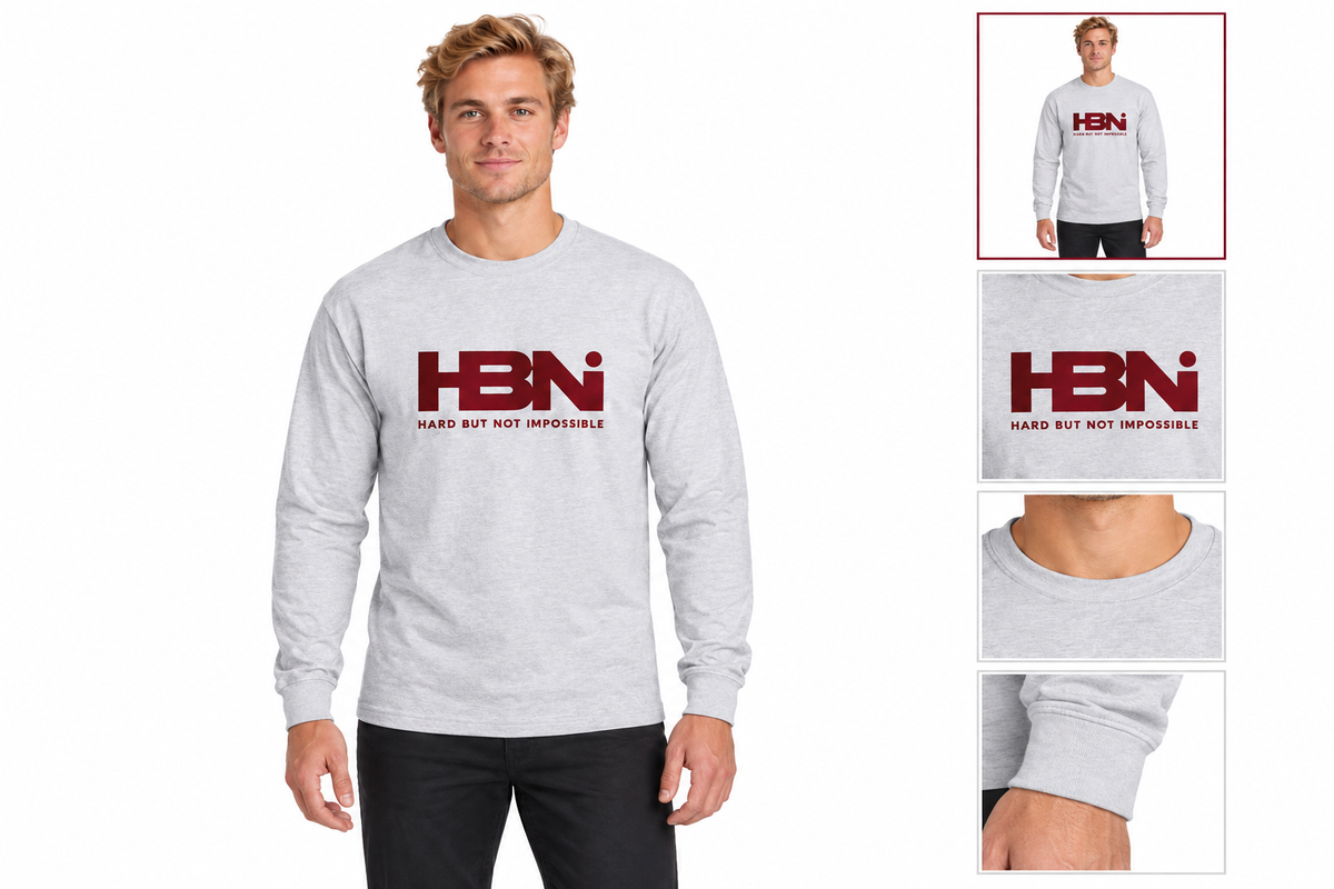 HBNI grey long sleeve tee on male model with branding, neckline and cuff detail thumbnails